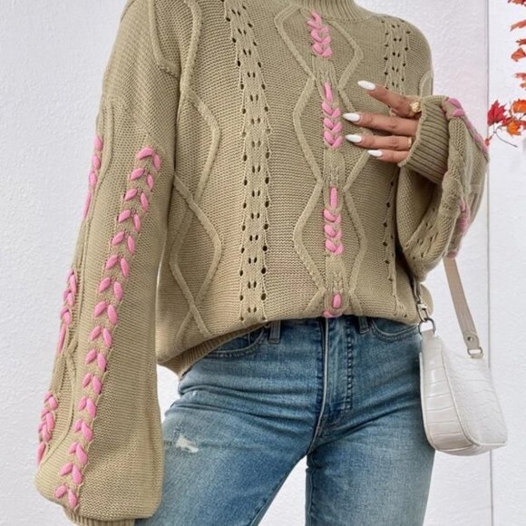 Tan Mockneck Lace-up Pointelle Knit Sweater Top - Picture 5 of 6